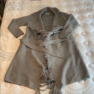 Gray Floor Length Fringe Knit Cardigan